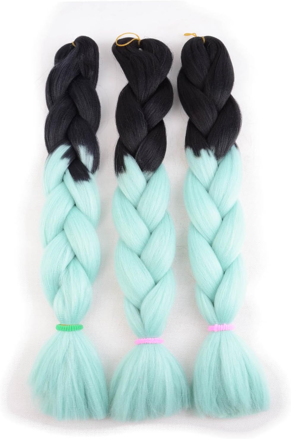 24" 5Packs Ombre Black Purple Blue 2 Tone Dip Dye Kanekalon Braiding Hair Extensions (black&light green)