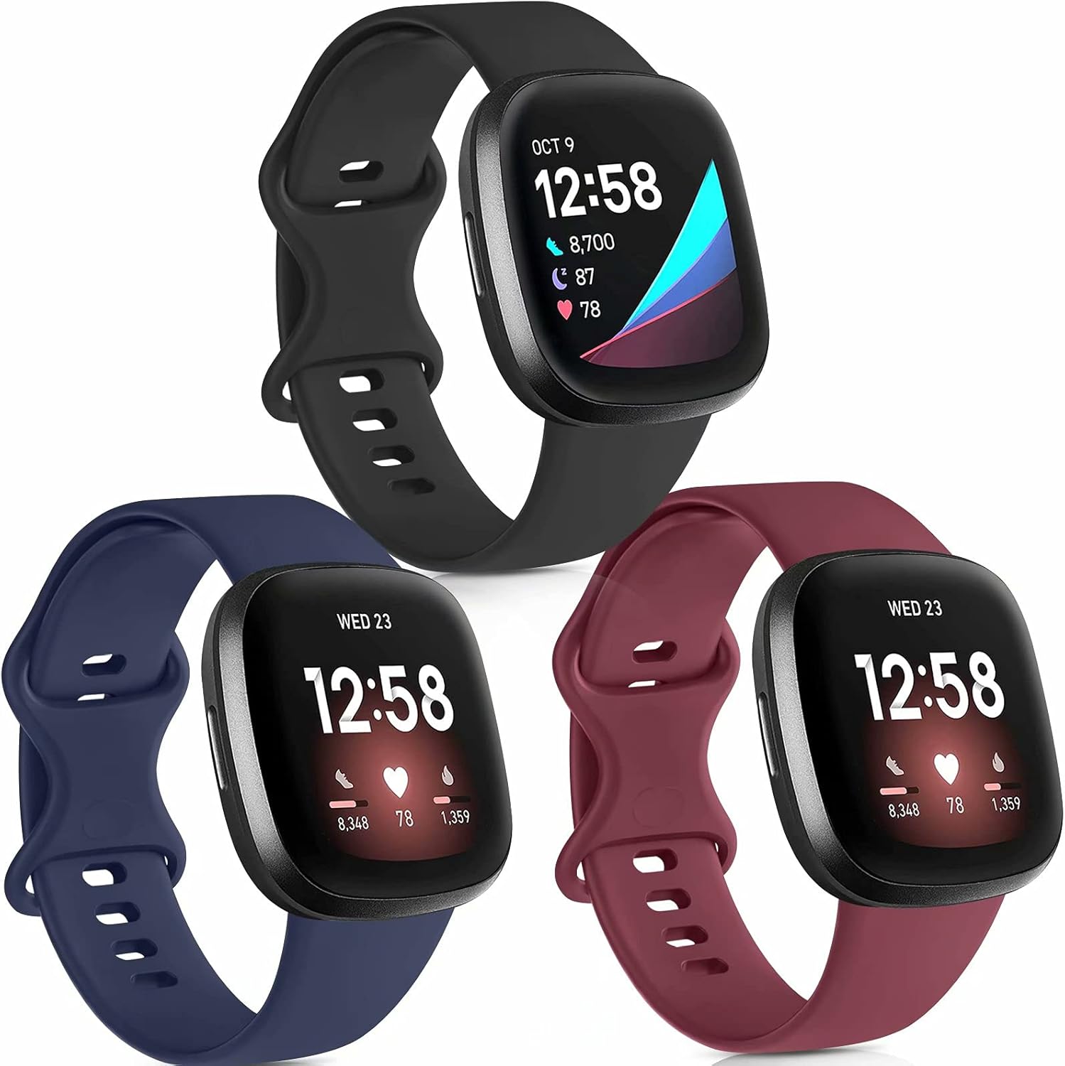 [3 Pack] Silicone Bands Compatible with Fitbit Versa 3 & Fitbit Sense