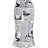 WDIRARA Women's Newspaper Print Lettuce Trim Bodycon Mermaid Hem Midi Skirt