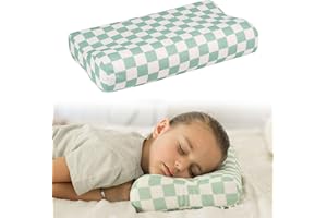 Tiny Twinkle Toddler Pillow with Fitted Pillowcase | Ergonomic Shape with Resilient, Cloud-Like Memory Foam for Comfortable Sleeping | Kids Travel Pillows (Sage Checkers)