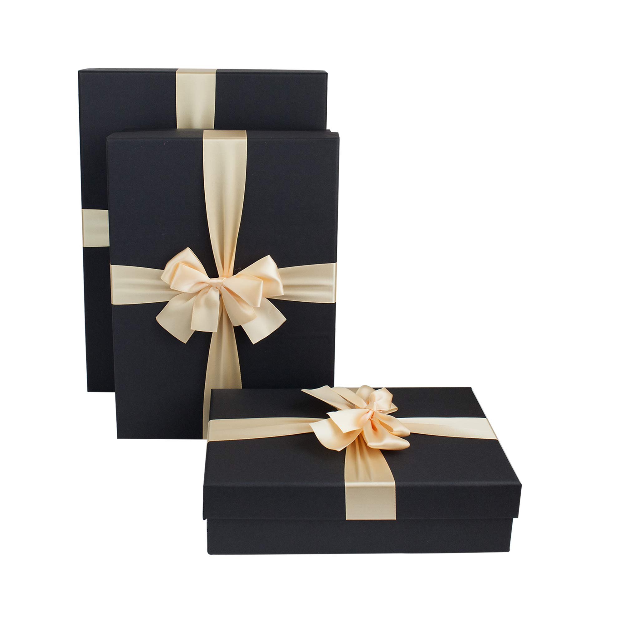 Emartbuy Black Rigid Gift Box with Ribbon Set of 3 – Large, Medium, Small – Luxury Cardboard Presentation Box | Premium Packaging for Hampers, Birthdays, Weddings, Corporate Gifting