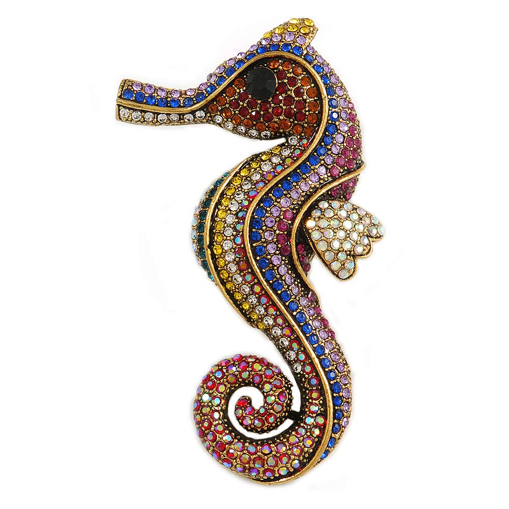 Oversized Multicoloured Crystal Seahorse Brooch/Pendant in Aged Gold Tone Metal - 90mm Tall