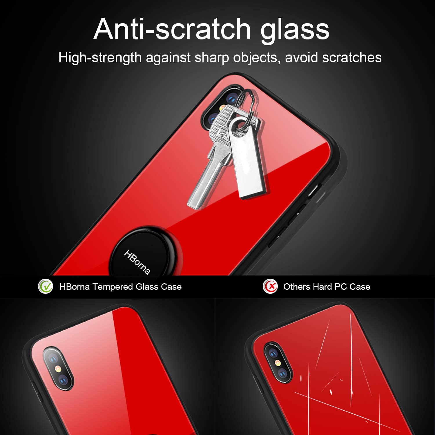 Coque iPhone X, Coque iPhone 10 avec Béquille Porte-Anneau, 9H Couverture Arrière en Verre trempé et TPU Bupmer Anti-Scratch Housse pour iPhone X (Rouge)