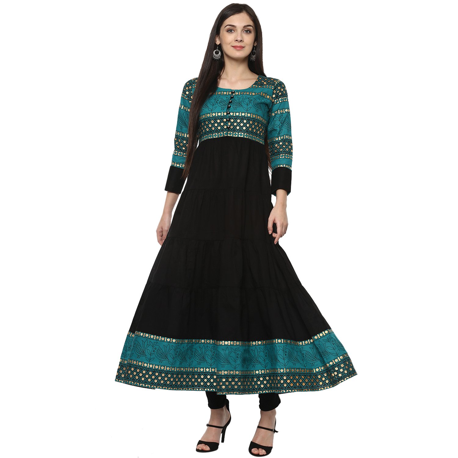 ives anarkali green cotton tribal printed casual kurti for women