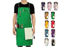 Stenffy Handmade Work Apron, Cotton Canvas, Multiple Pockets, Adjustable Cross Back Weight Apron, BBQ Cafe Kitchen Painting Carpenter Artist Apron, Aprons for Men Women, Sizes M to XXL, Green