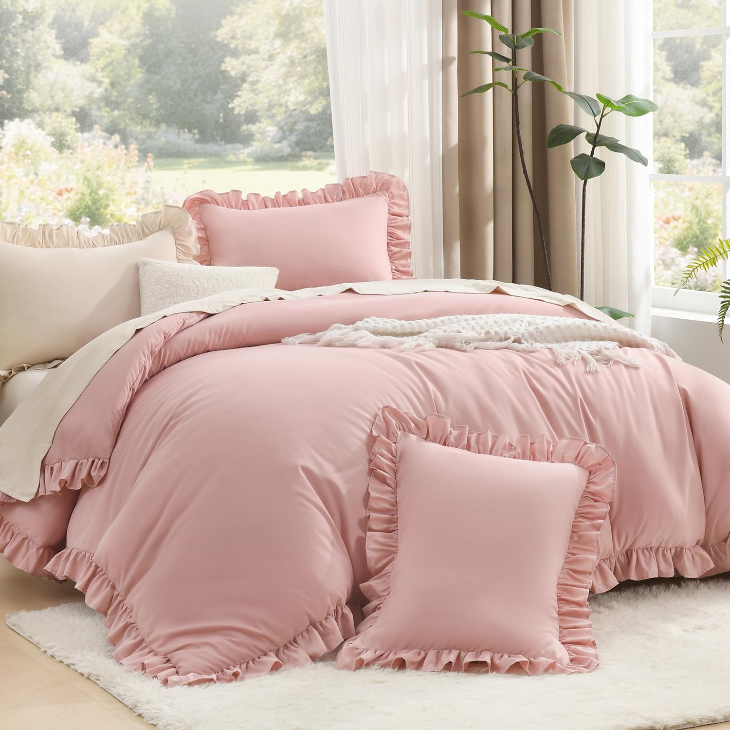Photo 1 of Litanika Full Size Comforter Sets, 3 Pieces Blush Pink Ruffle Girls Women Cute Bedding Comforters & Sets, Lightweight Fluffy Microfiber as Gift (79x90In Comforter & 2 Pillowcases)