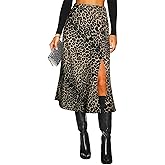 Women's Side Slit A Line Satin Midi Skirt Elastic High Waisted Cheetah Leopard Print Silk Long Skirts for Women