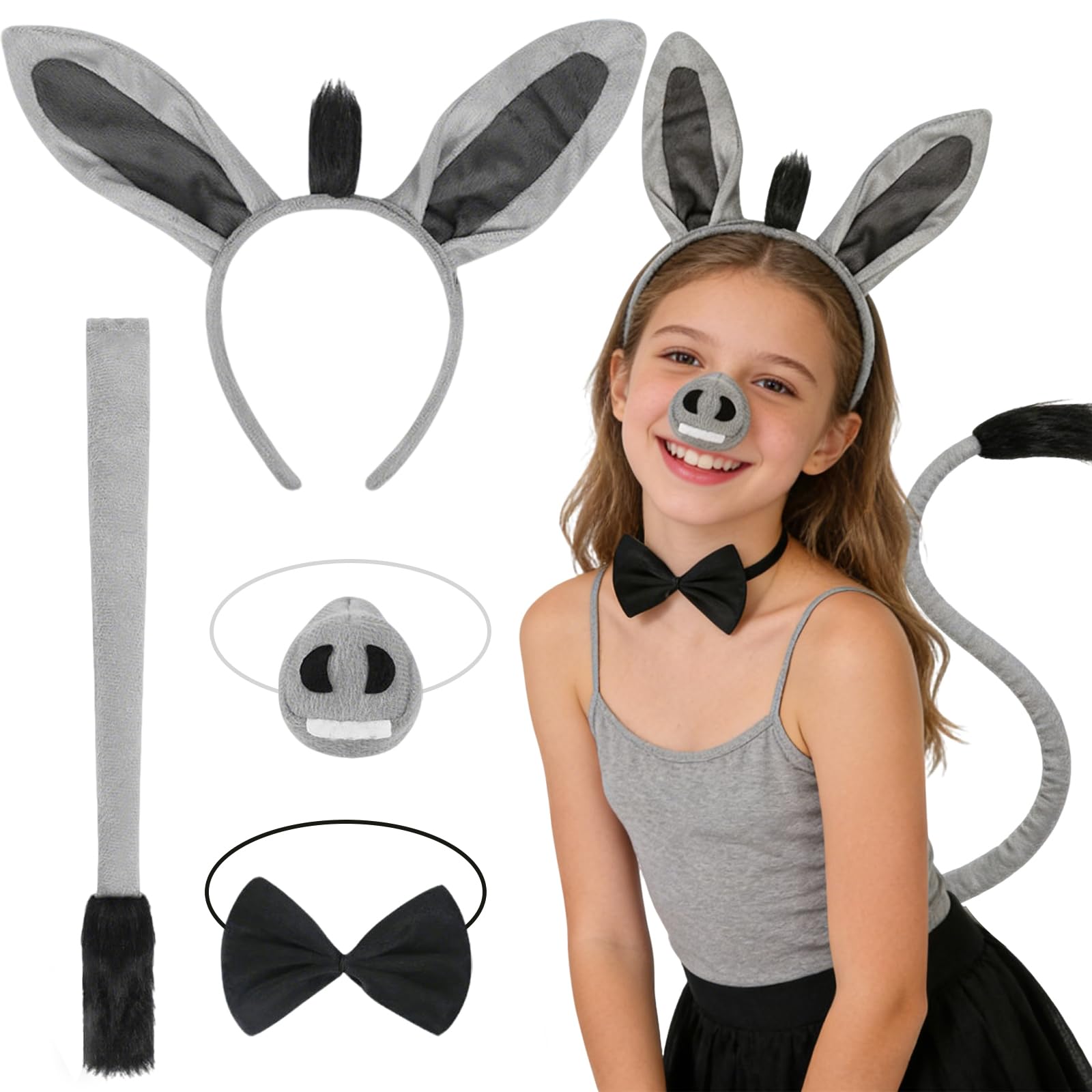 Atomvia 4 Pcs Donkey Costume Animal Costume Accessories with Donkey Ears, Nose, Tail, Bowtie Fancy Dress Carnival Halloween Cosplay Theme Party