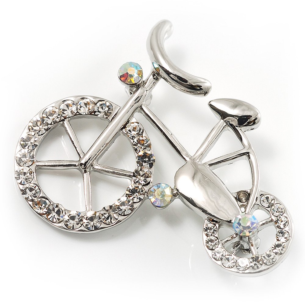 Rhodium Plated Crystal Bicycle Brooch