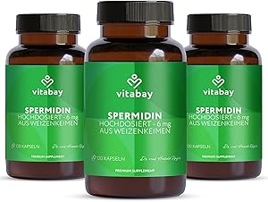 Vitabay Spermidin 6 mg Hochdosiert – 360 vegane Kapseln mit fermentiertem Weizenkeimextrakt – Natürlich hergestellt - Laborgeprüft in Deutschland & ohne Zusatzstoffe – Vorrat für 12 Monate