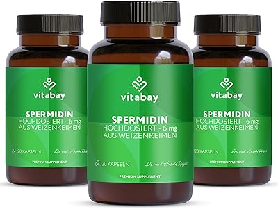 Vitabay Spermidin 6 mg Hochdosiert – 360 vegane Kapseln mit fermentiertem Weizenkeimextrakt – Natürlich hergestellt - Laborgeprüft in Deutschland & ohne Zusatzstoffe – Vorrat für 12 Monate