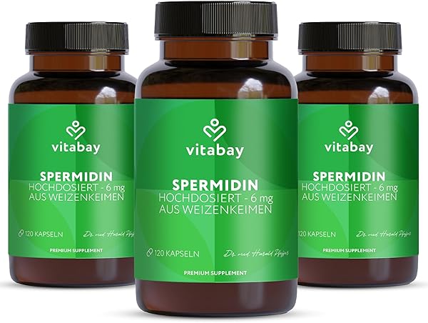 Vitabay Spermidin 6 mg Hochdosiert – 360 vegane Kapseln mit fermentiertem Weizenkeimextrakt – Natürlich hergestellt - Laborgeprüft in Deutschland & ohne Zusatzstoffe – Vorrat für 12 Monate