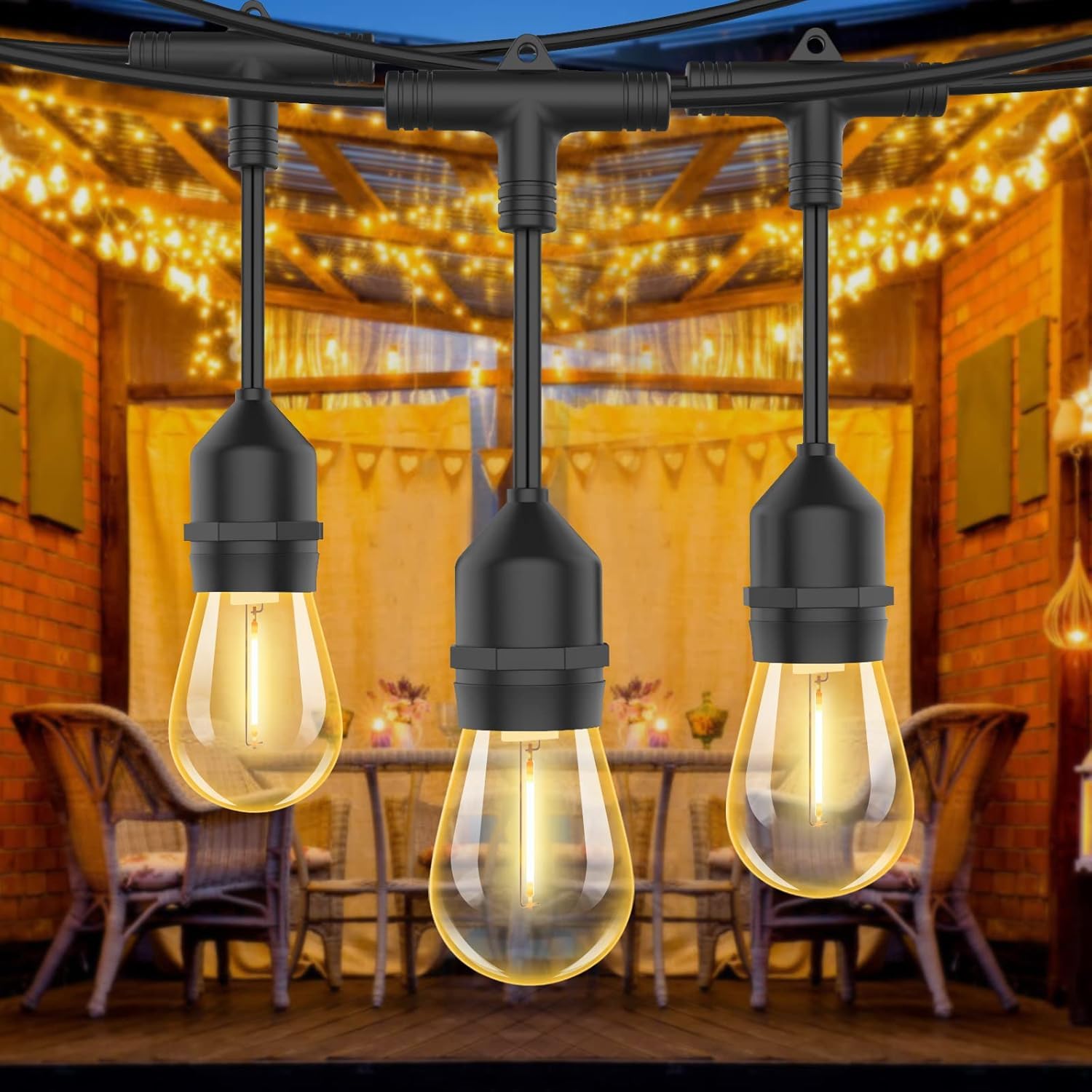 Festoon Lights Outdoor Mains Powered, Bomcosy S14 100FT Led Outdoor String Lights, Warm White 2700K, Waterproof IP65, Great Garden Terrace Patio Outside Lights