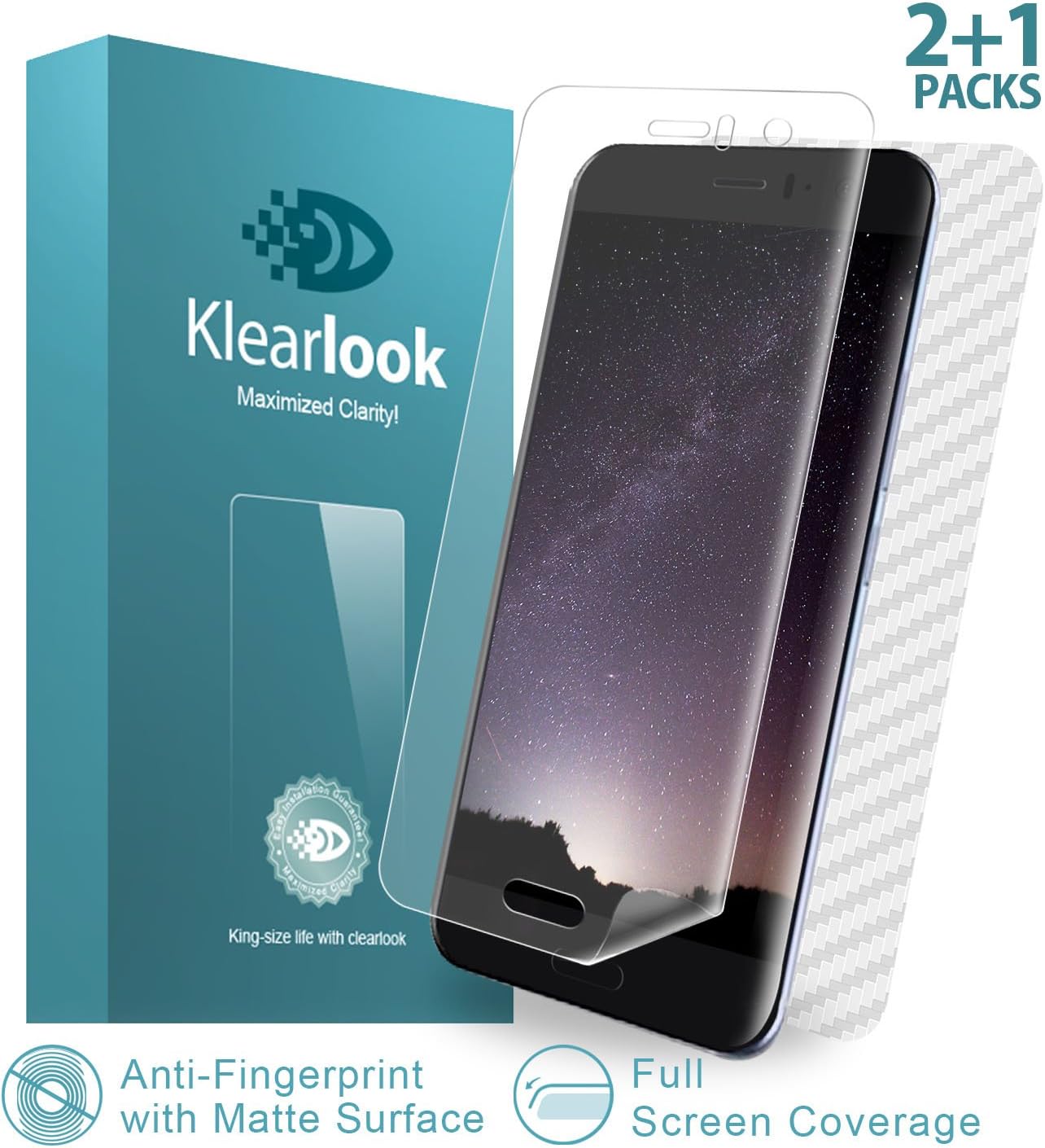 Klearlook 2-Matte Screen Film for HTC U11, 2-(Fingerprint-Killer Series) Full Cover Wet Applied TPU Screen Protector with Anti-Glare/Anti-Fingerprint/Smooth Touch for Front+1-Carbon Fibre Back Sticker