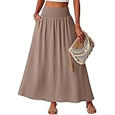 Lepunuo Maxi Skirts for Women Smocked Elastic High Waisted Casual Boho Swing Pleated Beach Long Skirts with Pockets
