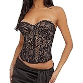 Faretumiya Women Floral Lace Corset Top Strapless Lace Up Bustier Tube Top Mesh Boned Corset Overbust Tops