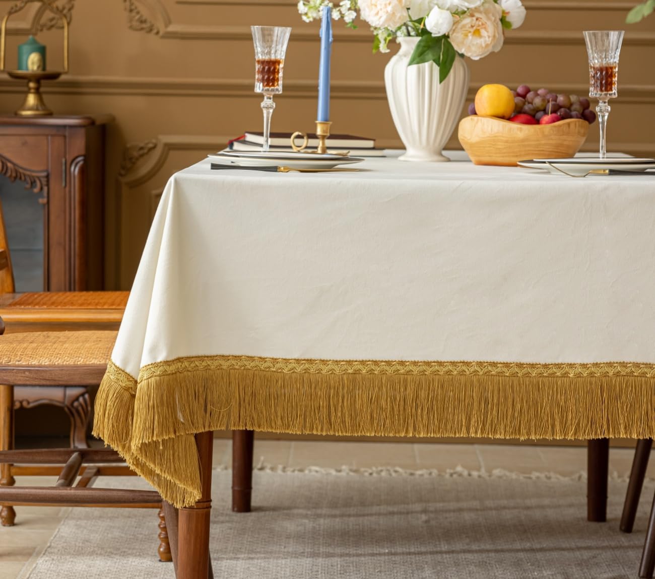 Photo 1 of F-CHU Luxury White Tablecloth Thickset Velvet Tablecloth with Beautiful Gold Tassels Vintage Table Cloth for Home Decor Wedding, Party, Banquet and Events 60x102-Inch
