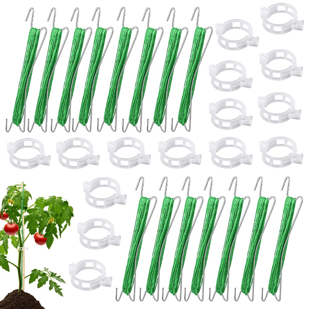 HIQE-FL Pack of 15 Tomato Hooks Metal with 15 Plant Buckles and 10 m Rope, Tomato Plant Holder, Garden Clips, Tomato Support Hooks, Suitable for Fixing Plants (A)