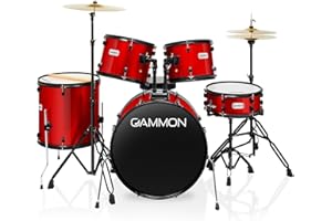 Gammon Percussion Full Size Complete Adult 5-Piece Drum Set with Cymbals, Stands, Stool, and Sticks - Red