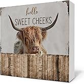 Nvotell Hello Sweet Cheeks Bathroom Sign - Highland Cow Wooden Box Sign, Funny Bathroom Decor for Shelf, 5x5 Inch
