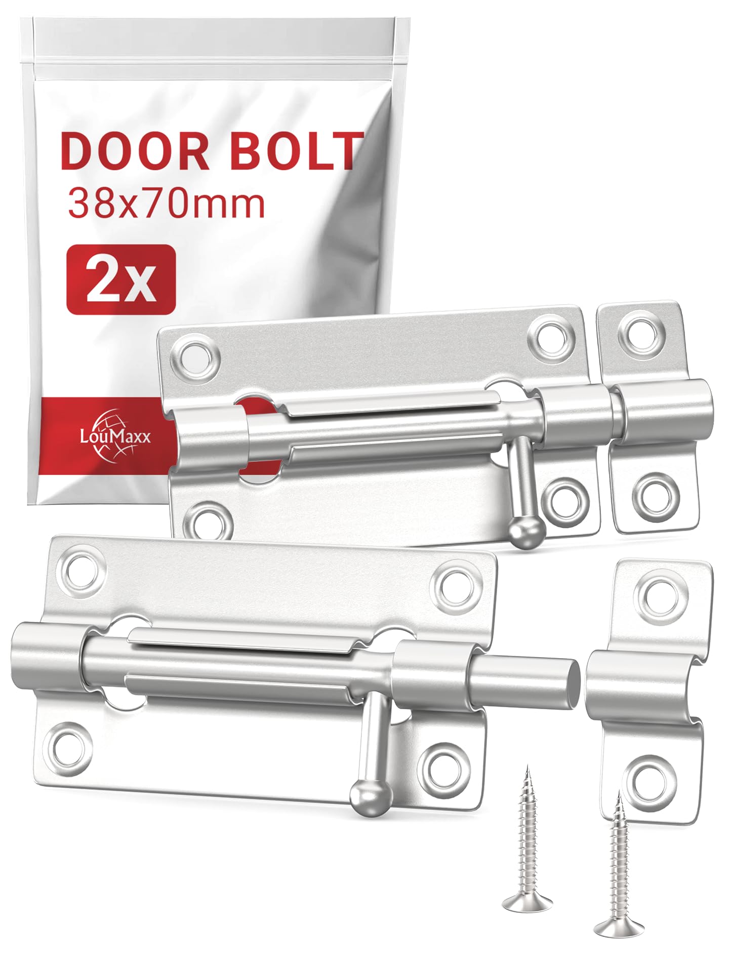 LouMaxx Set of 2 Silver Deadbolt Door Locks – Interior Door Lock 38 x 70 mm – Easy to Install – Includes 12 Screws