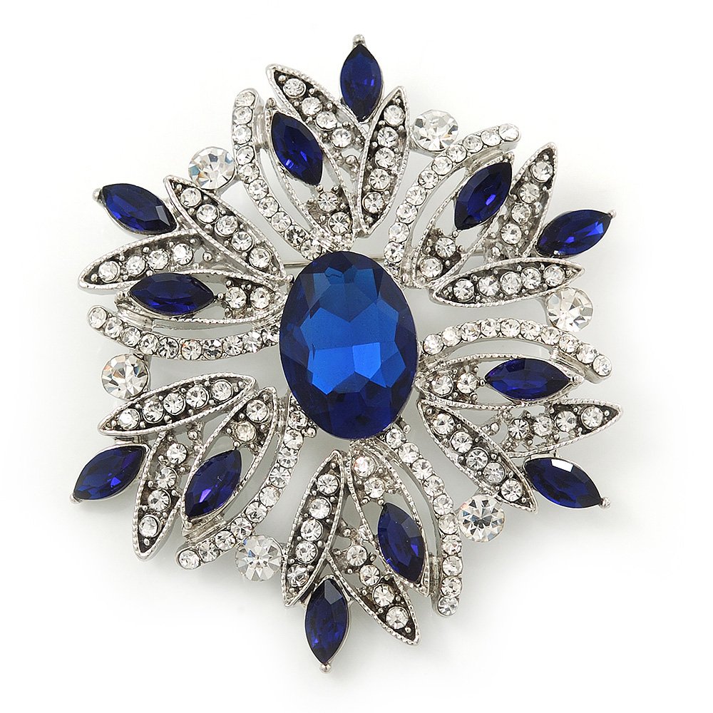 Stunning Navy Blue, Clear Austrian Crystal Corsage Brooch In Rhodium Plating - 60mm Length