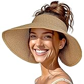 Sun Visor Straw Hats for Women, Foldable Summer Floppy Wide Brim Ponytail Beach UV Hat Vacation Essentials