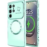 LCHULLE for Samsung Galaxy S25 Ultra Case for Women Girls [Compatible with MagSafe] Cute Curly Wave Shape, Magnetic Love Heart with Camera Lens Cover Luxury Plating Shockproof Phone Case, Mint Green