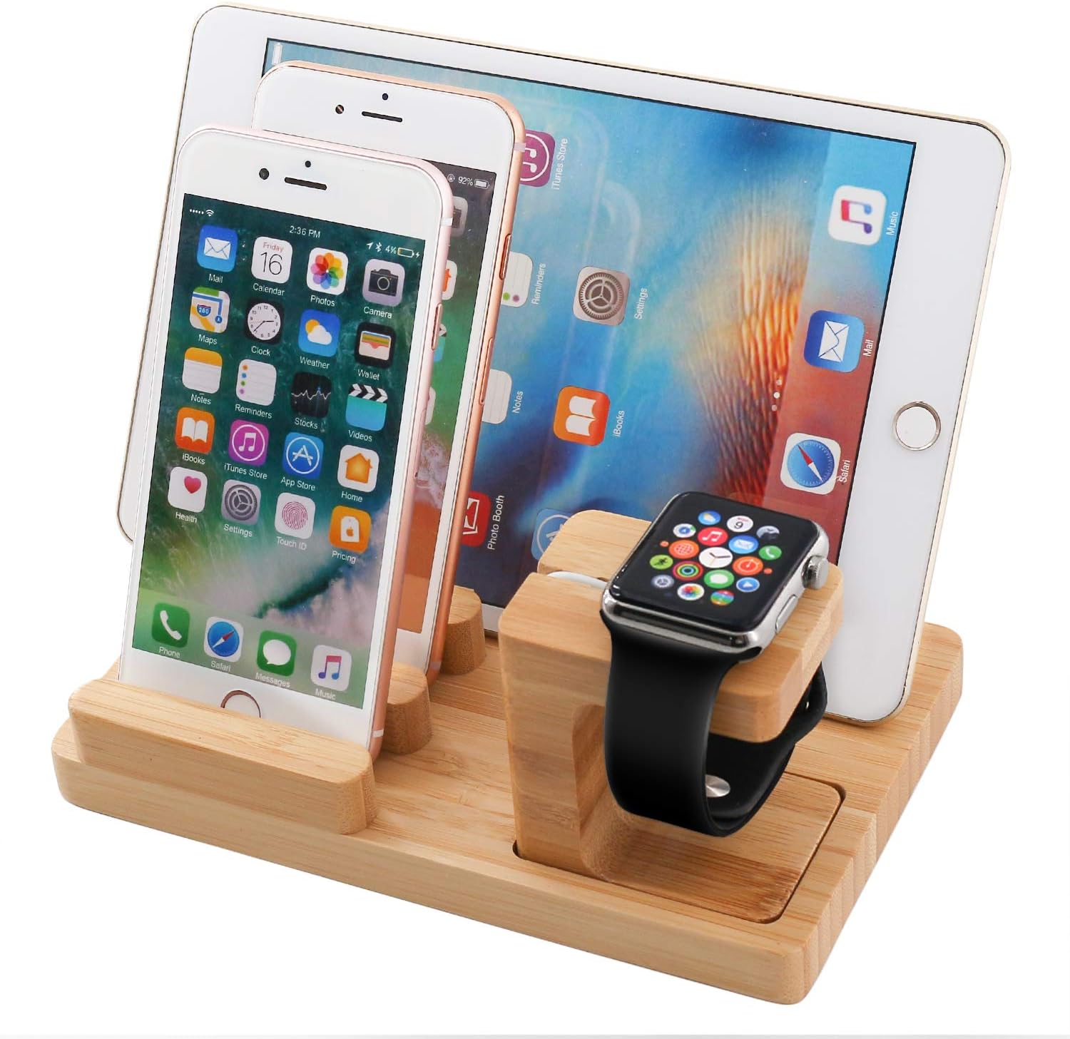 Pezin & Hulin Bamboo Charging Dock Rack, Wooden Charging Station Organizer with Lined Tray & Drawer, Desktop Dock Organizer - Image 3