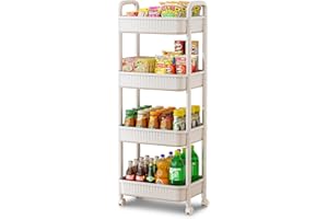 JOYZAN 4 Tier Rolling Carts with Wheels, Utility Cart with Handle and Locking Caster, Storage Cart for Kitchen, Office, Bedroom, Suitable for Diaper, Art Tools, Snack, Craft Storage Cabinet, White
