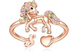 EXQUJEW Unicorn Initial Rings for Teen Girls, Rose Gold/White Gold Plated Heart Initial Rings for Girls Adjustable Stackable Rings for Women Diny Heart Ring for Teen Girls Gifts Unicorns Gifts for Girls
