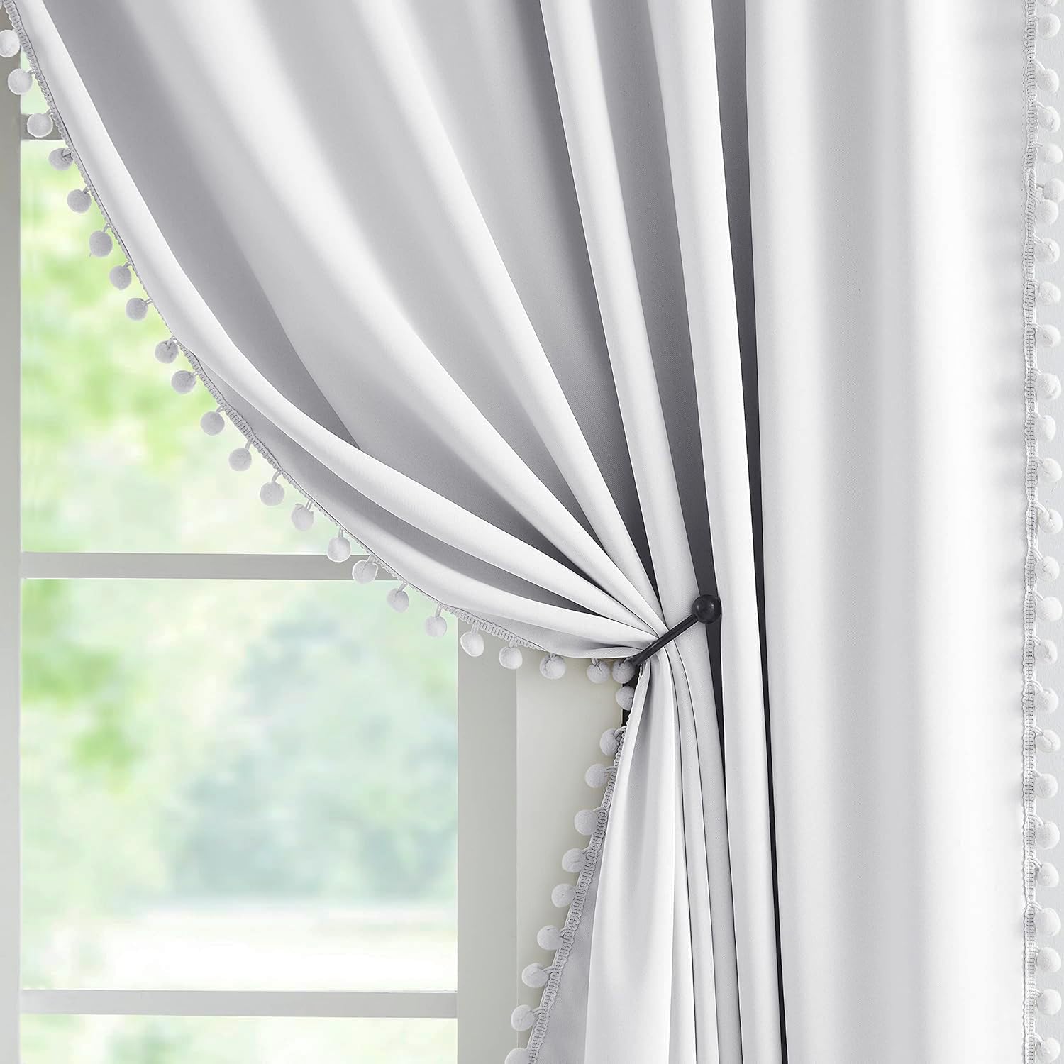 Pom Pom Greyish White Blackout Curtains for Bedroom 54 Inch Thermal Insulated Window Drapes for Living Room Darkening Ring Top Eyelet Energy Efficient Treatment Sets for Children Nursery 54"W 1 Pair — image 1
