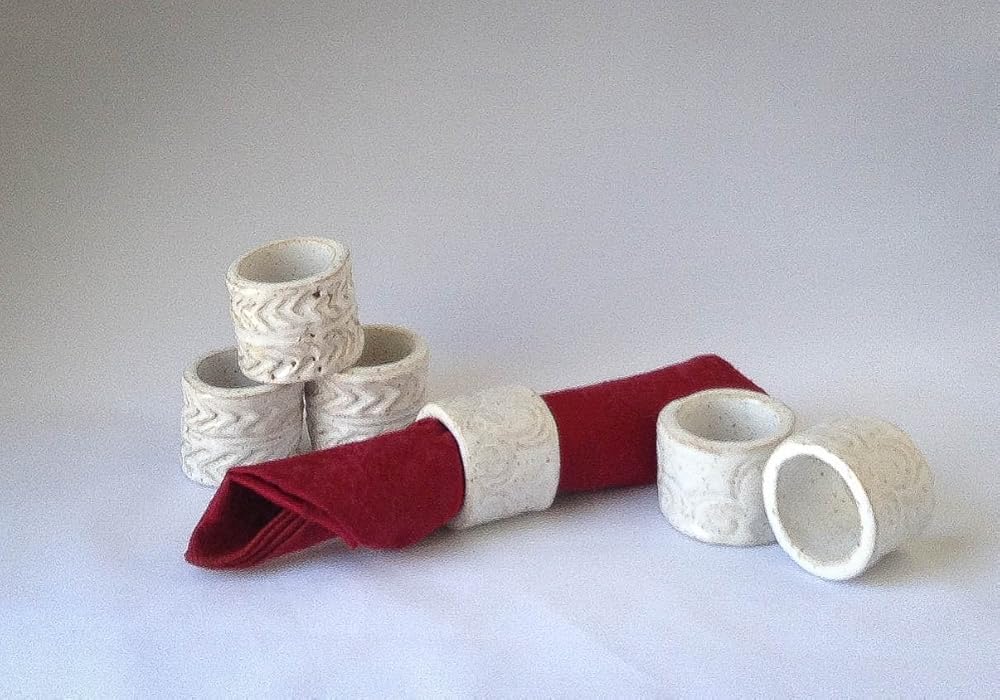 Napkin Rings Set of 6 White Detailed Handmade