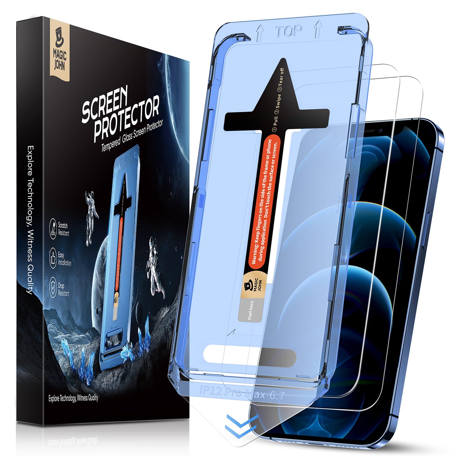 MAGIC JOHN 2 Pack for iPhone 12 Pro Max 6.7 inch Tempered Glass Screen Protector, Auto Dust-Elimination Installation, Bubble Free, HD Clear, Easy Installation