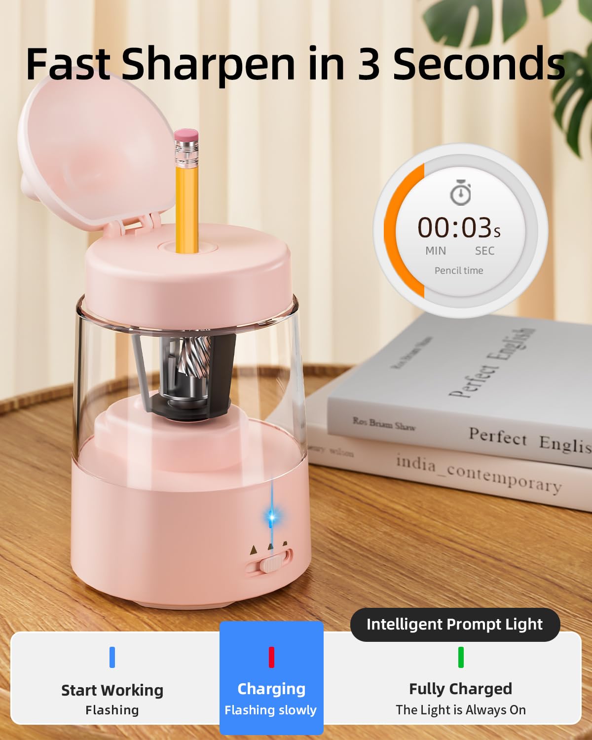 ZMOL Electric Pencil Sharpeners, Colored Pencil Sharpener for Kids, Auto Stop, Rechargeable Pencil Sharpener for Battery Powered Cute No.2/Colored Pencils (6-8mm), Classroom/Office/Home (Pink)