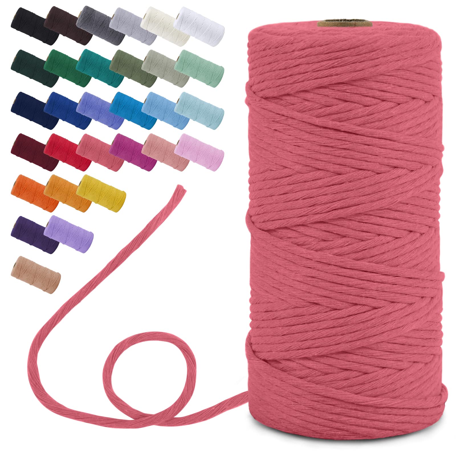 Uiopa Macrame Cord 3mm x 100m, Single Strand Macrame Yarn Thick Thread Natural Cotton Cord, Coloured Macrame Craft String for DIY Crafts, Wall Hanging, Plant Hanger, Tassels (Watermelon Pink)