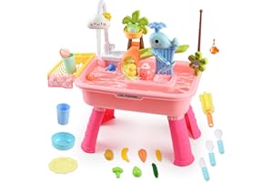 Hanyutom 2026 Upgraded Toddler Sand Water Table Toy with Electric Water Pump, Kids Sand Water with Faucet/Play Food Accessories/Fishing Toy, Kitchen Play Sink Toys for Girl Boy Age 3+ (Pink)