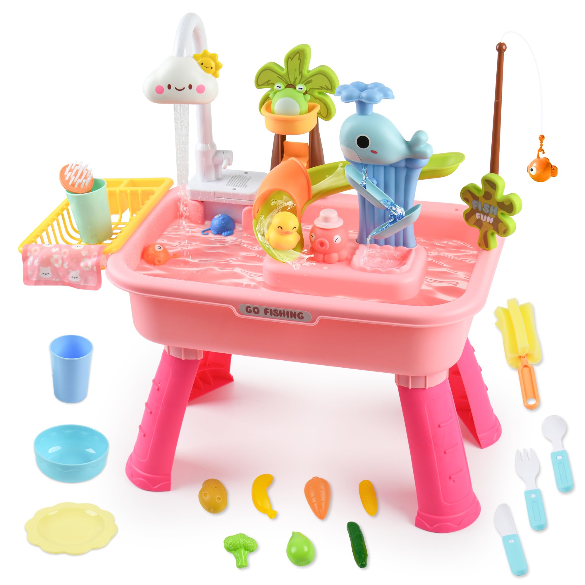 Hanyutom 2026 Upgraded Toddler Sand Water Table Toy with Electric Water Pump, Kids Sand Water with Faucet/Play Food Accessories/Fishing Toy, Kitchen Play Sink Toys for Girl Boy Age 3+ (Pink)