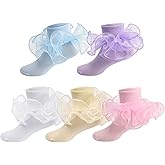 Meeshine Baby Girls Ruffle Socks Double Big Lace Frilly Dress Cotton Turn Cuff Socks for 1-8T Toddler Little Girls 5 Pack