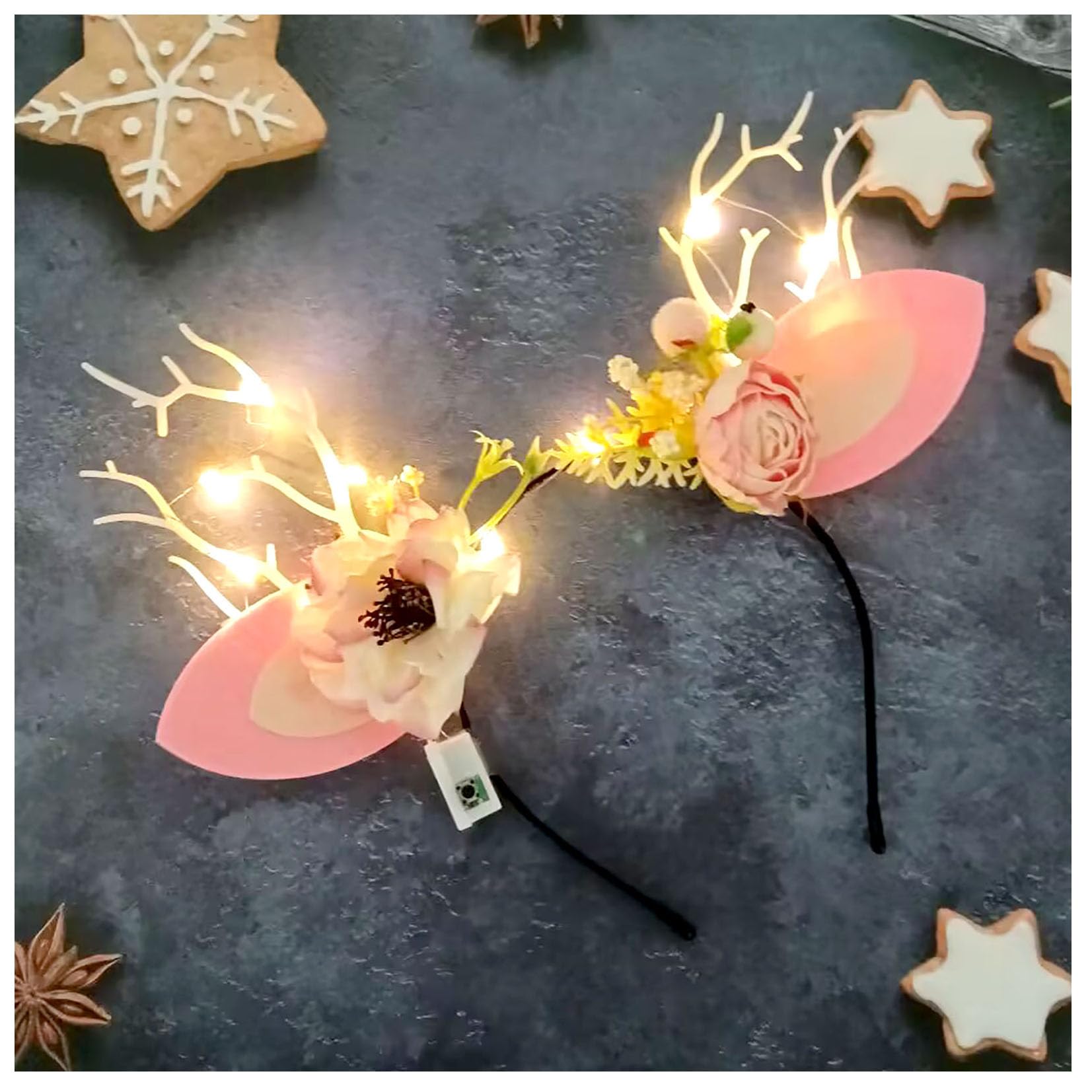 Deer Elk Antler Flower LED Headband Glowing Butterfly Rabbit Bow Light up Hair Hoop Floral Reindeer Cat Ears Hair Band for Women Girls Christmas Party (Yellow)