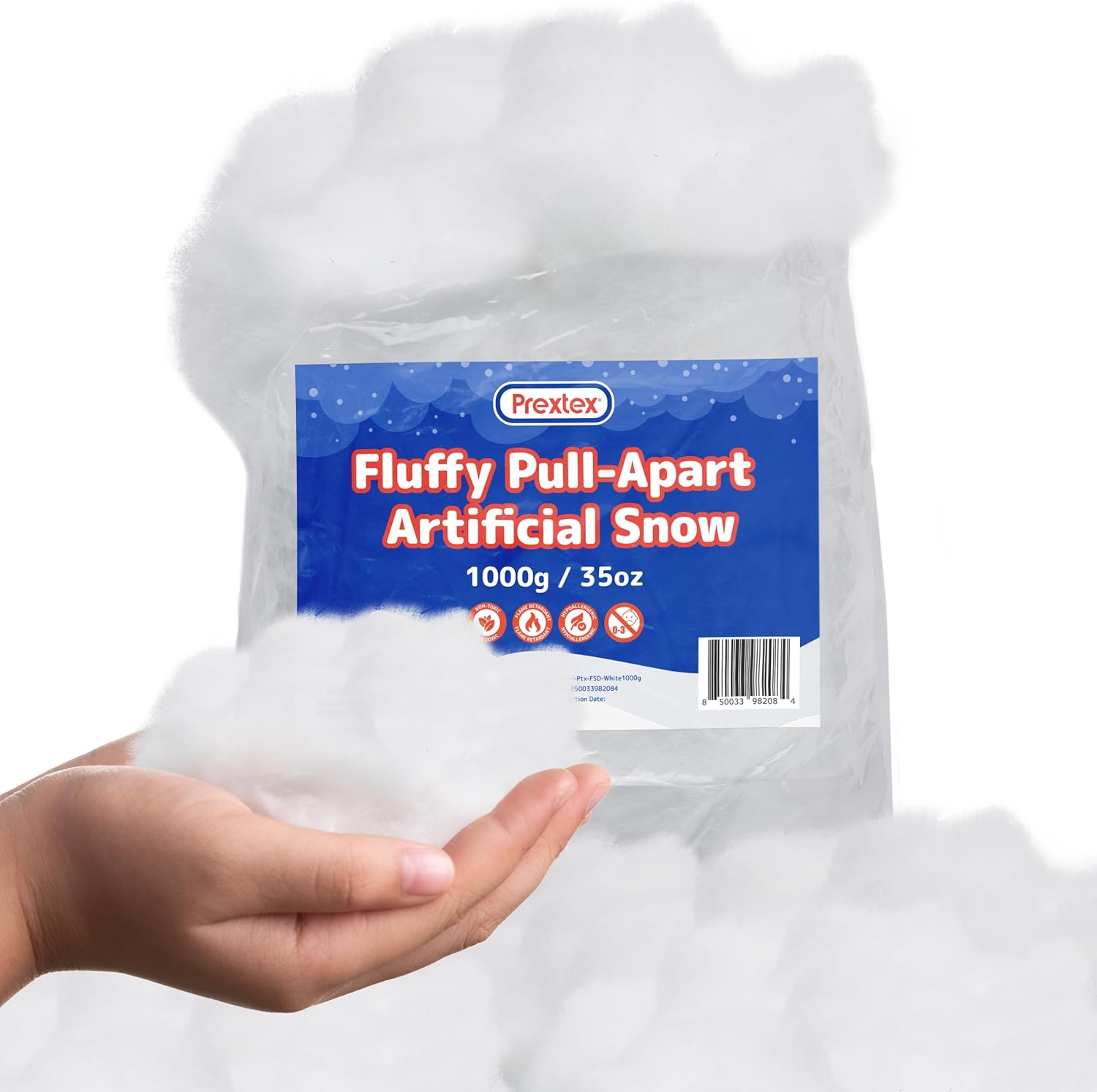 Artificial Snow - PREXTEX Pull-Apart Artificial Snow (1000g / 35oz) - Fake Snow Decoration - Snow Cotton Cloud Fluff - Fake Snow Decor - for Home, Kitchen, Village Display Table, Nativity Set, Christmas, Party Décor