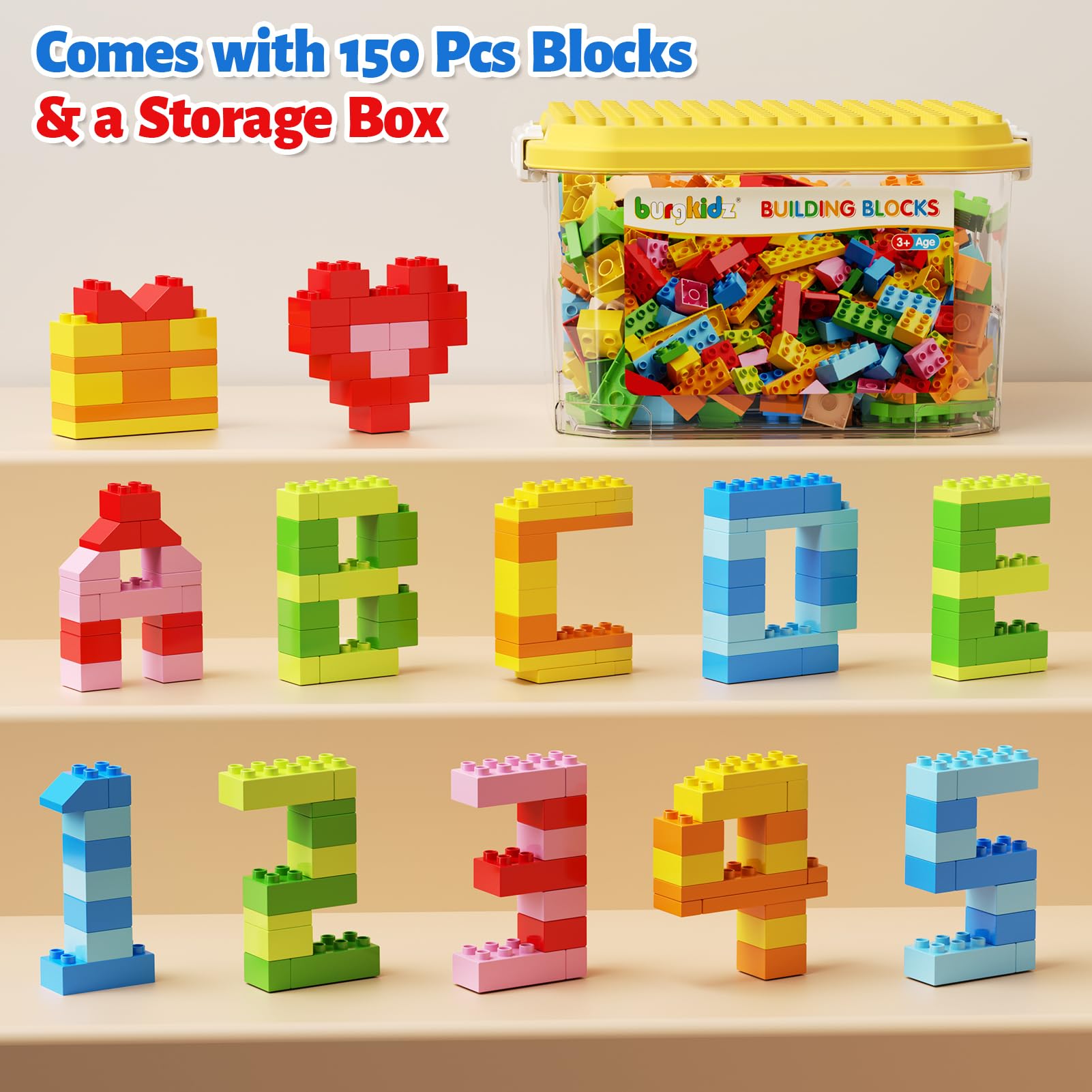 burgkidz 150PCS Jumbo Building Blocks with Clear Storage Box & Baseplate Lid - STEM Educational Toys for Toddlers 3+ Years, Compatible with Major Building Systems