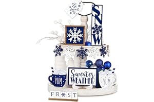 Jetec 12 Pieces Christmas Tiered Tray Decor Set Snowflake Wooden Sign Let It Snow Table Decorations Farmhouse Coffee Bar Signs Winter Tray Decor for Home Kitchen Tabletop(Blue)