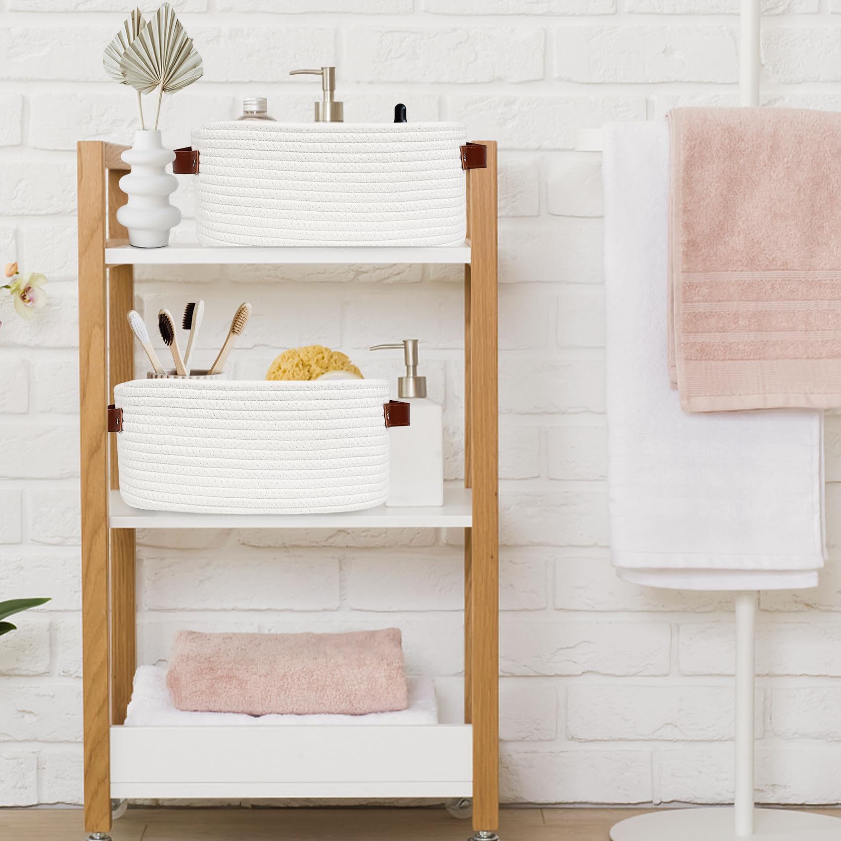 ABenkle Small White Basket with Handle, Soft Woven Storage Bins Baskets for Cat and Dog Toys Organizer, Decorative Shelves Closet Organizing Baskets Chest Box, Empty Gift Basket
