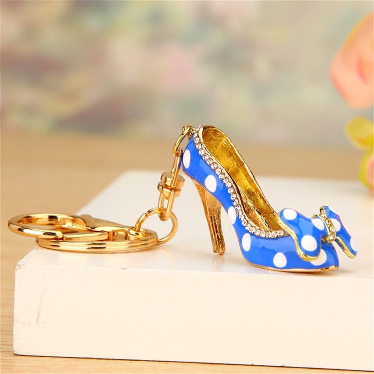 ReiztekoWomen's Gold Plated Crystal Rhinestone White Point High Heels High Heel Shoe Keychain Pendant Keychain Charms Gift (Blue)