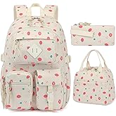 Lroiutian Corduroy 3-Piece Backpack Set for Girls Boys School Bookbag, Kids Backpacks with Lunch Box and Pencil Case (Ages 8-18)-Strawberry