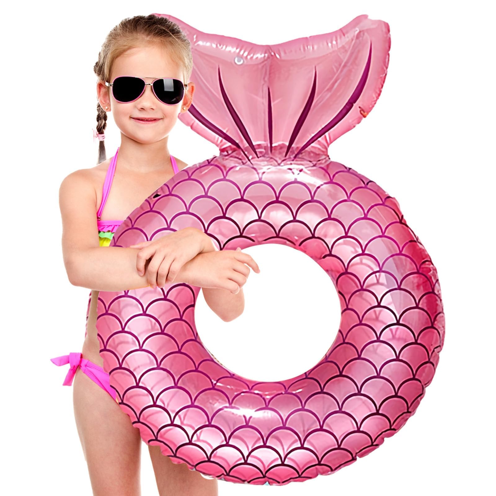 Mermaid Pool Inflatables Swim Rings for Adults, 70cm Pink Mermaid Tail Pool Swimming Float Cute Tube Rings for Girls Summer Beach Party Water Sport