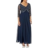 J Kara Women's Petite 3/4 Sleeve V-Neck Beaded Top Long Gown