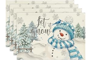 Artoid Mode Xmas Trees Let It Snow Blue Snowman Christmas Placemats Set of 4, 12x18 Inch Winter Table Mats for Party Kitchen Dining Decoration