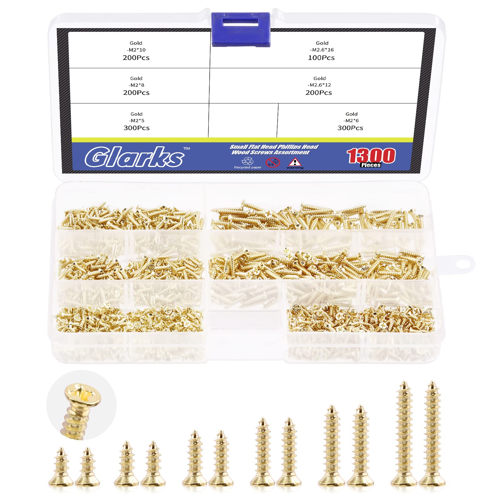 GLARKS G1703 1300Pcs 5mm 6mm 7mm 8mm 10mm Small Tiny Nails Wooden Screws Set Gold Self Drilling Flat Cross Head Screws Assortment Kit for Home Furniture Decor (Gold)